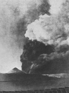 Black and white photo of the exploding volcano Santa Maria