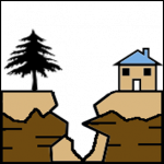 Erdbeben - Erdspalte mit Haus auf der rechten und Baum auf der linken Seite